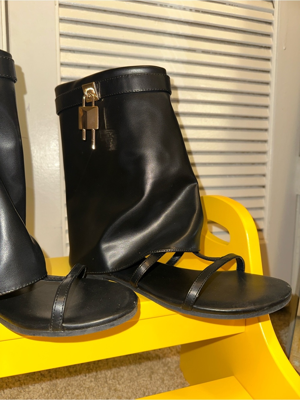 AKIRA Black Mid-Calf Heeled Boot Sandals with Gold Lock Accent